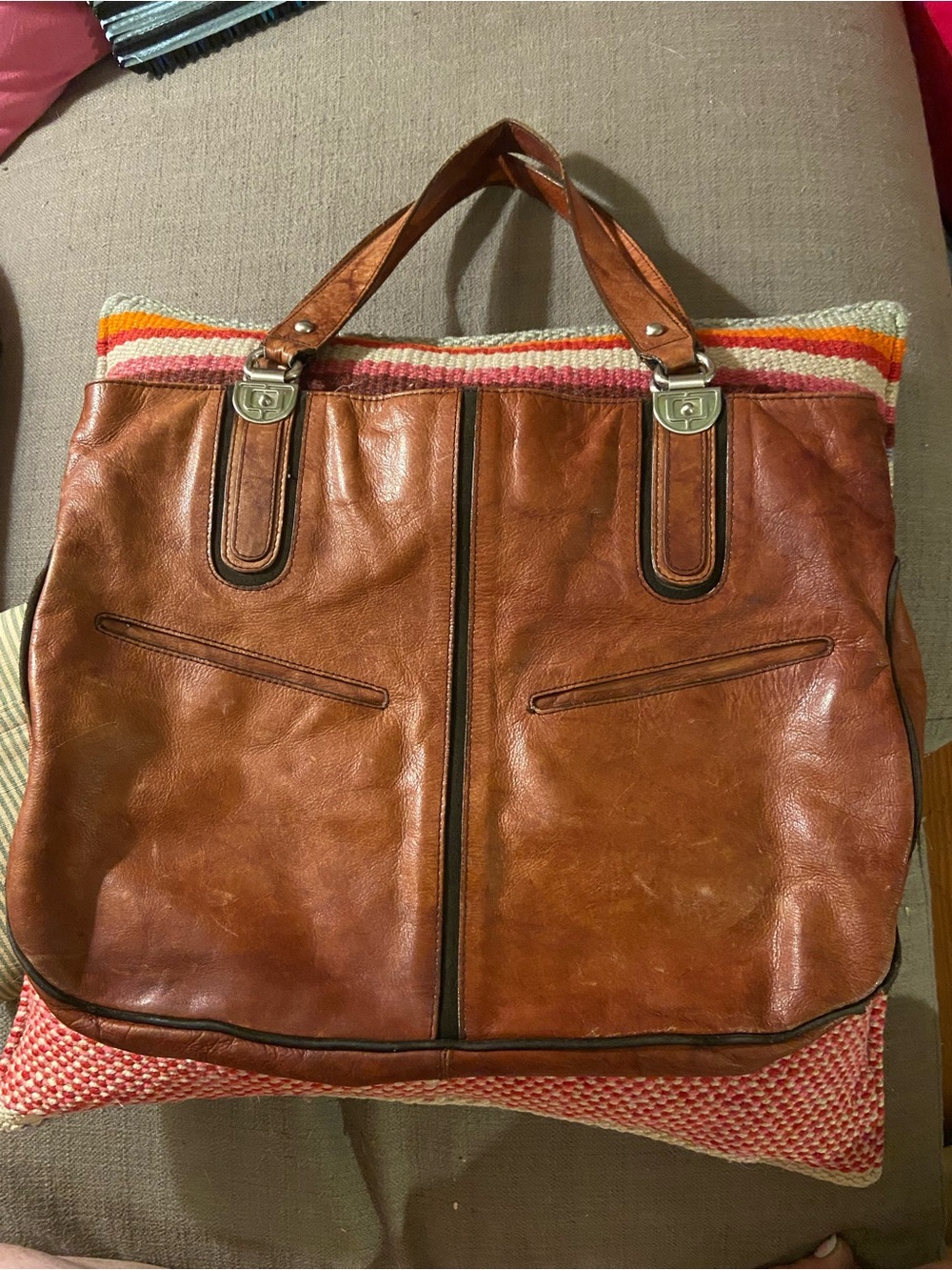 RARE vintage Brown Leather Shoulder Bag with Double Handles